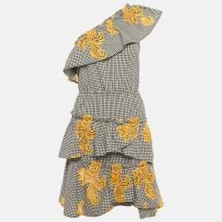 Pre Owned فستان ساندرو أسود بنقشة مربعات قطن وتفاصيل قصات متباينة بحزام كتف واحد ومزين بطبقات قصير صغير الحجم