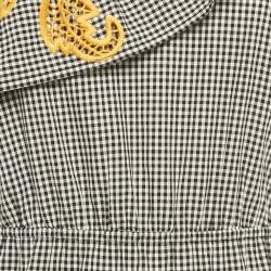 Pre Owned فستان ساندرو أسود بنقشة مربعات قطن وتفاصيل قصات متباينة بحزام كتف واحد ومزين بطبقات قصير صغير الحجم