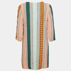 Pre Owned فستان ساندرو متعدد الألوان بطبعة ساتان بأكتاف مكشوفة قصير كبير الحجم