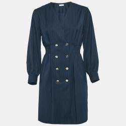 مملوكة مسبقًا فستان ساندرو كريب مخطط عمودي أزرق بحري مفصل ضيق صغير