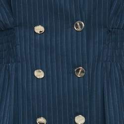 مملوكة مسبقًا فستان ساندرو كريب مخطط عمودي أزرق بحري مفصل ضيق صغير