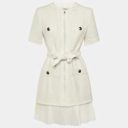 مملوكة مسبقًا Sandro White Tweed & Plisse Detail Coat Mini Dress M