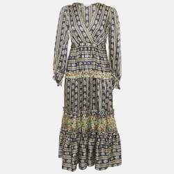 مملوكة مسبقًا Sandro Blue Floral Print Satin Valentina V Neck Midi Dress S