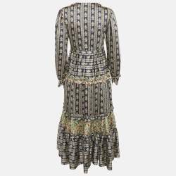 Pre Owned فستان ساندرو أزرق بطبعة زهور حرير فالنتينا برقبة على شكل V ميدي صغير الحجم