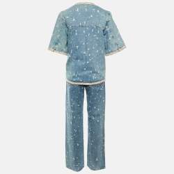 مملوكة مسبقًا Sandro Blue Distressed Denim Lorette Jacket & Jeans Set S/L