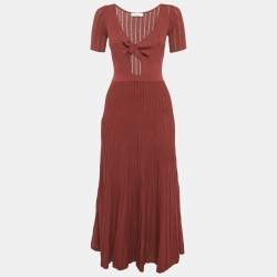 Pre Owned Sandro Burgundy Pointelle Knit Knotted Midi Dress XS
