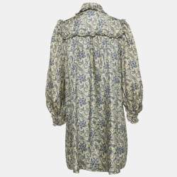 مملوكة مسبقًا Sandro Cream Harmonie Print Silk Ruffle Mini Dress S