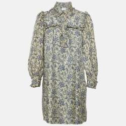 مملوكة مسبقًا Sandro Cream Harmonie Print Silk Ruffle Mini Dress S