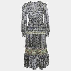 مملوكة مسبقًا Sandro Navy Blue Floral Print Satin Valentina Ruffled Midi Dress XS