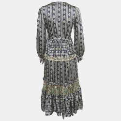 Pre Owned فستان ساندرو أزرق بطبعة زهور حرير فالنتينا برقبة على شكل V ميدي صغير الحجم