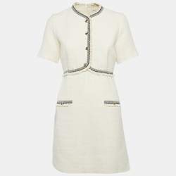 Pre Owned فستان ساندرو كريمي تويد قصير صغير الحجم