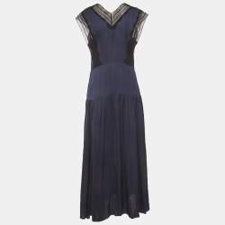 Pre Owned Sandro Navy Blue Satin Eloy Lace-Inset Maxi Dress M