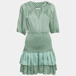 Pre Owned Sandro Green Printed Faille Smocked Detail Mini Dress S
