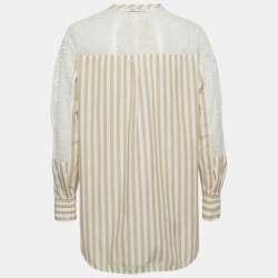 Pre Owned Sandro Beige & White Striped Cotton & Lace Shirt M