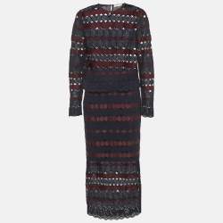 Pre Owned طقم توب دانتيل وتنورة قلم رصاص بألوان أزرق/مارون سا ندرо حجم كبير/متوسط