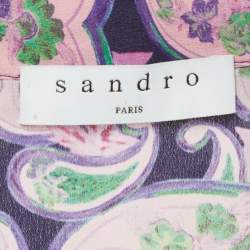 Pre Owned فستان ساندرو أرجواني حريري مطبوع مكشكش بكتف مكشوف صغير الحجم