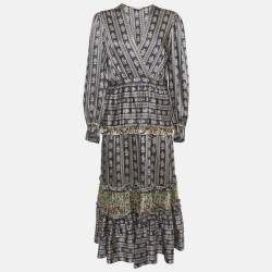 Pre Owned Sandro Navy Blue Floral Print Satin Valentina Ruffled Midi Dress L