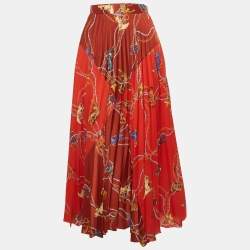 Pre Owned Sandro Red Printed Crepe Plisse Maxi Skirt M