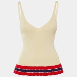 مملوكة مسبقًا Sandro Beige Striped Rib Knit Ruffled Top L