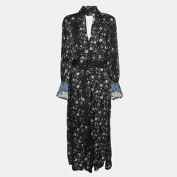 Pre Owned Sandro Black Floral Print Satin Bonny Cutout Pleated Midi Dress M
