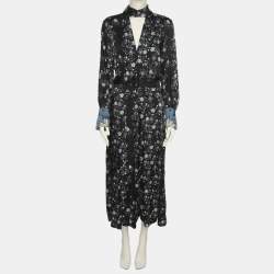 Pre Owned Sandro Black Floral Print Satin Bonny Cutout Pleated Midi Dress M