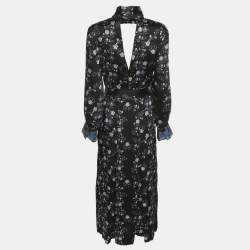 Pre Owned Sandro Black Floral Print Satin Bonny Cutout Pleated Midi Dress M