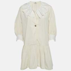 مملوكة مسبقًا Sandro Cream Cotton Striped Cotton Pleated Collar Short Dress L