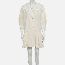 مملوكة مسبقًا Sandro Cream Cotton Striped Cotton Pleated Collar Short Dress L