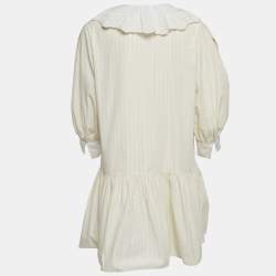 مملوكة مسبقًا Sandro Cream Cotton Striped Cotton Pleated Collar Short Dress L