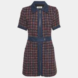 مملوكة مسبقًا Sandro Multicolour Check Tweed Denim Trim Mini Dress S