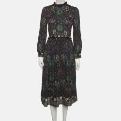 Pre Owned Sandro Black Print Chiffon Ruffled Trim Midi Dress XS