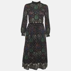 Pre Owned Sandro Black Print Chiffon Ruffled Trim Midi Dress XS