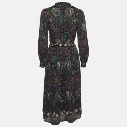 Pre Owned Sandro Black Print Chiffon Ruffled Trim Midi Dress XS