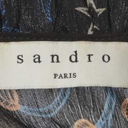 Pre Owned Sandro Black Print Chiffon Ruffled Trim Midi Dress XS