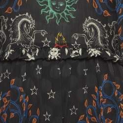 Pre Owned Sandro Black Print Chiffon Ruffled Trim Midi Dress XS