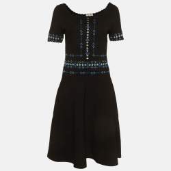 مملوكة مسبقًا Sandro Black/Blue Embroidered Stretch Knit Midi Dress L