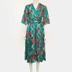 Pre Owned Sandro Turquoise Floral Print Silk Midi Wrap Dress M 