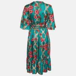 Pre Owned Sandro Turquoise Floral Print Silk Midi Wrap Dress M 
