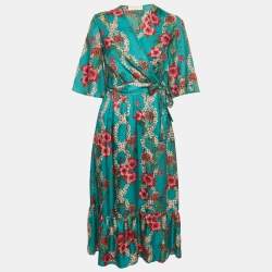 Pre Owned Sandro Turquoise Floral Print Silk Midi Wrap Dress M 
