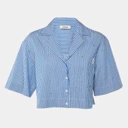 مملوكة مسبقًا Sandro Blue Striped Cotton Embellished Crop Shirt M