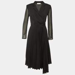 Pre Owned Sandro Black Crepe & Plisse Wrap Style Midi Dress S