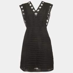 Pre Owned فساتين ساندرون أسود كروشيه دانتيل بحافة رقبة V قصيرة صغيرة الحجم