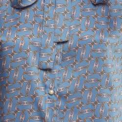 Pre Owned Sandro Blue Link Print Satin Plissé Trim Neck-Tie Blouse S