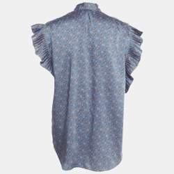 Pre Owned Sandro Blue Link Print Satin Plissé Trim Neck-Tie Blouse S