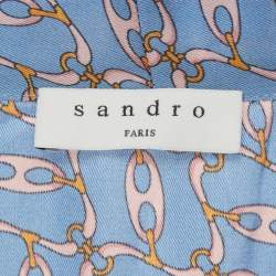 Pre Owned Sandro Blue Link Print Satin Plissé Trim Neck-Tie Blouse S