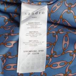 Pre Owned Sandro Blue Link Print Satin Plissé Trim Neck-Tie Blouse S