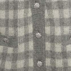 Pre Owned Sandro Grey Check Jacquard Fuzzy Knit Wool V-Neck Ontario Cardigan M