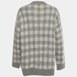 Pre Owned Sandro Grey Check Jacquard Fuzzy Knit Wool V-Neck Ontario Cardigan M