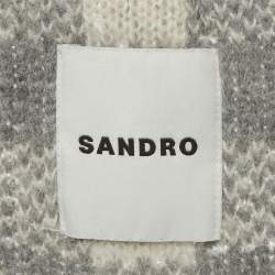 Pre Owned Sandro Grey Check Jacquard Fuzzy Knit Wool V-Neck Ontario Cardigan M