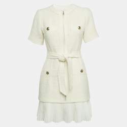 Pre Owned Sandro White Tweed-Effect Woolen Mini Coat Dress S